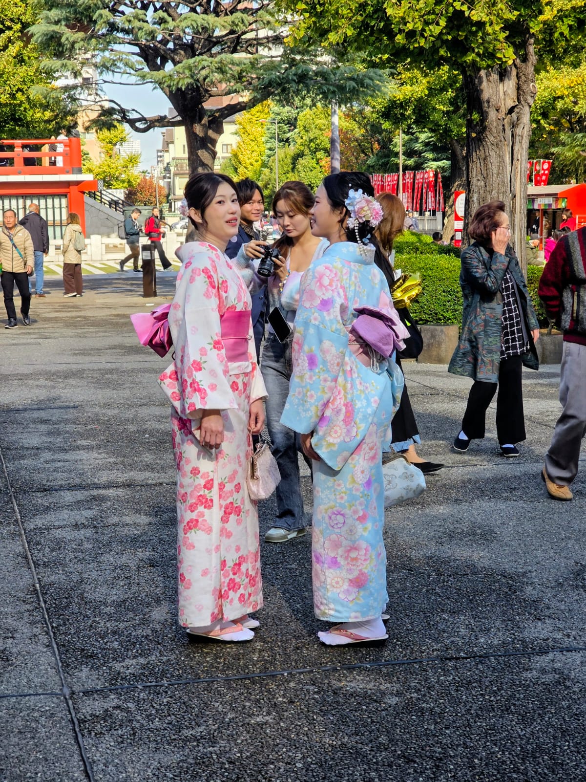נשים בקימונו בגנים ליד המקדש